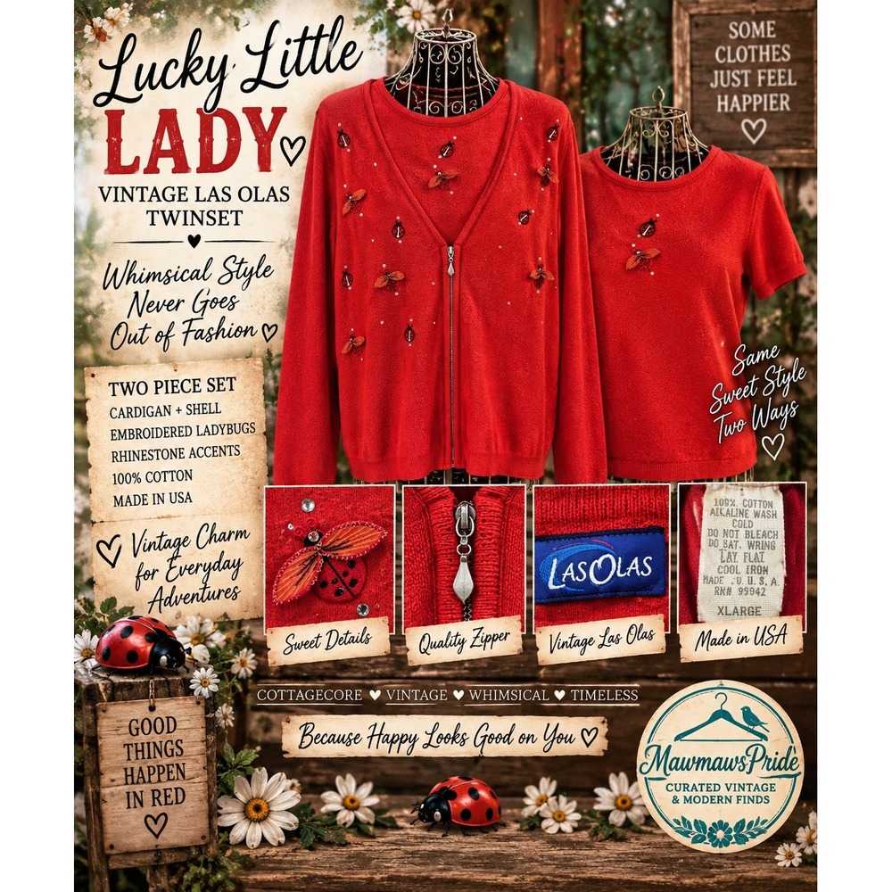 Vintage Las Olas Red Cotton Twinset Ladybug Embroidered Cardigan Shell XL USA